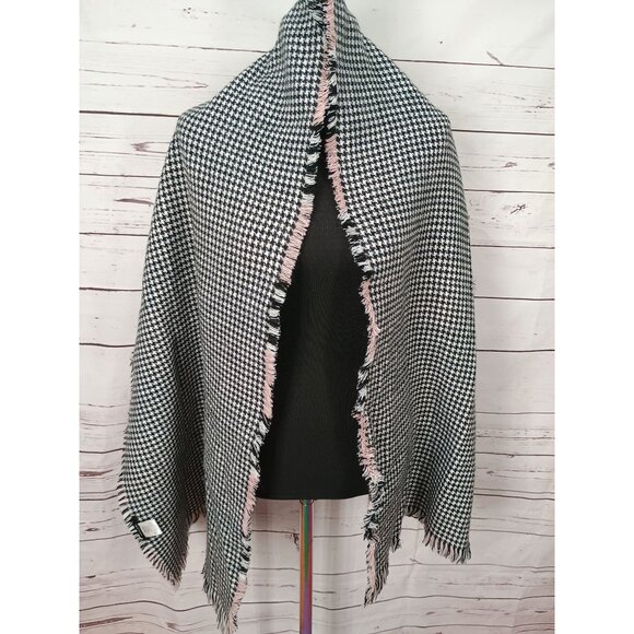 Reversible Plaid‎ Houndstooth Acrylic Wrap Shawl With Frayed Edges Tahari One Sz - Picture 3 of 7